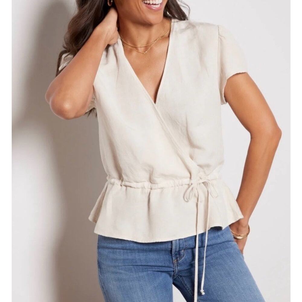 Anthropologie Cloth & Stone Peplum Top XS Linen Blend Preppy Neutral Minimalist